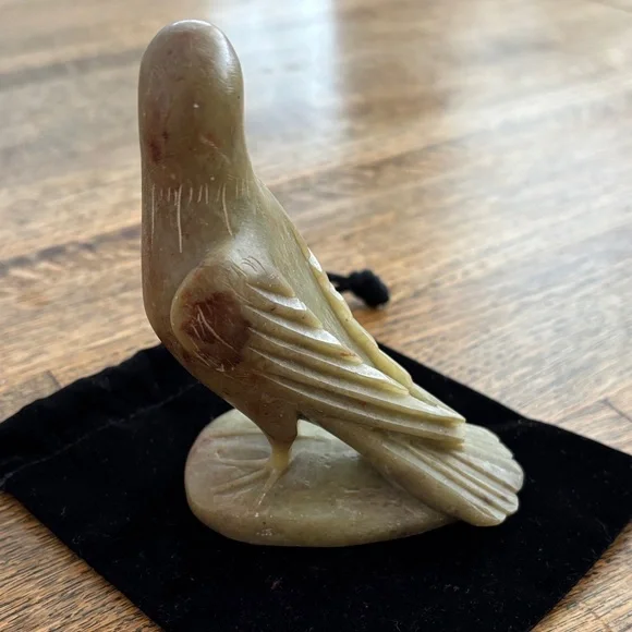 Vintage Carved Stone Bird Sculpture with Chinese Marking on Base